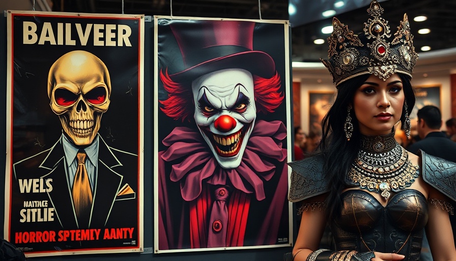 Horror posters at Kings of Horror convention San Antonio, alien, clown, warrior.