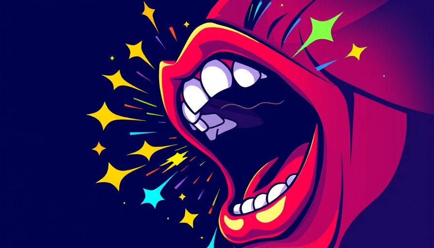 Abstract art of shouting mouth releasing energy in vibrant colors.