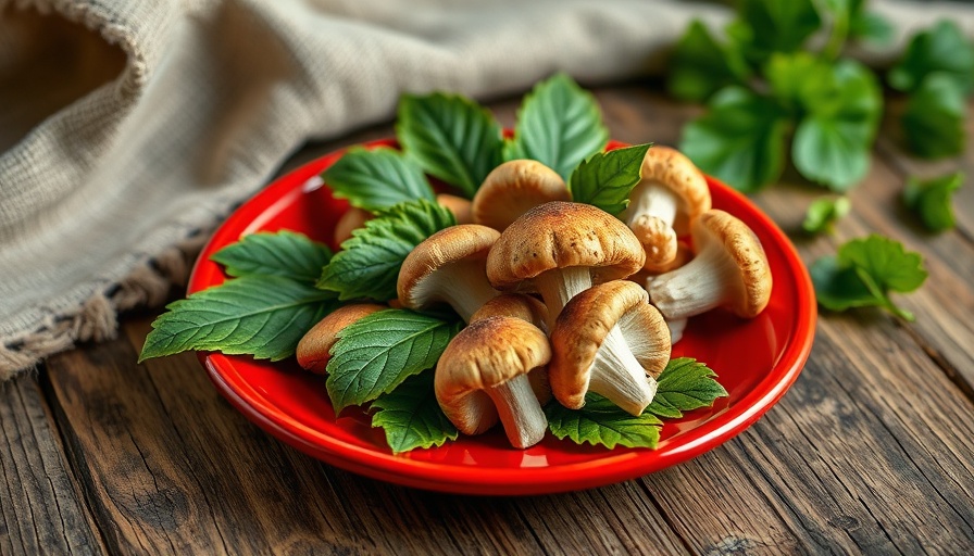 Foraging in April: morel mushrooms and green leaves on red plate.