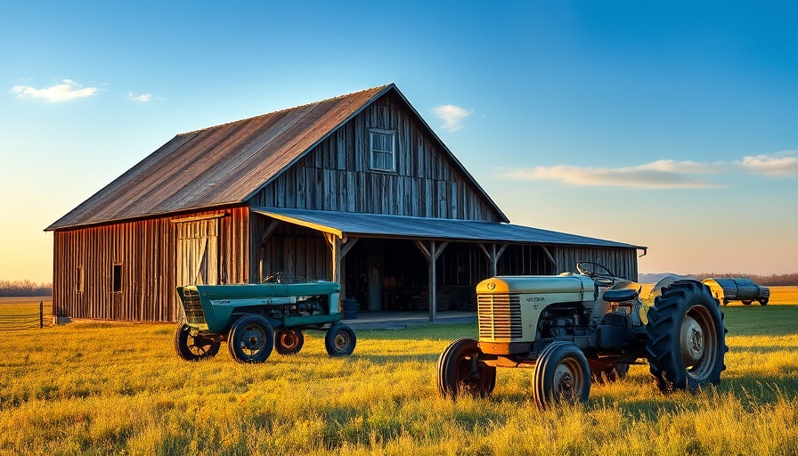 Historic North Texas barn and tractor in golden hour.