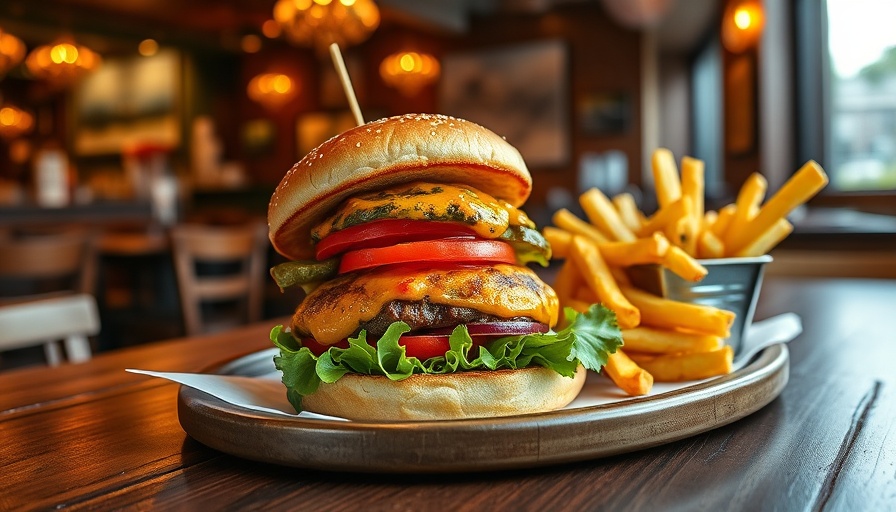 Sky Rocket Burger Plano gourmet burger with fries on a wooden table.