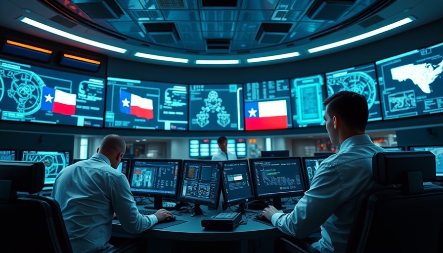 Texas cybersecurity command center with digital displays and Texas flag.