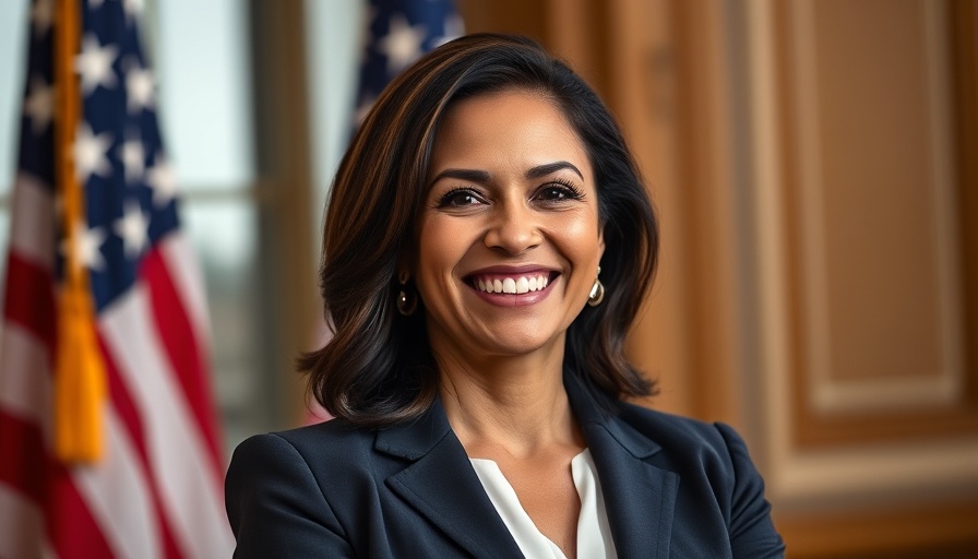 Professional woman smiling with American flag in background.