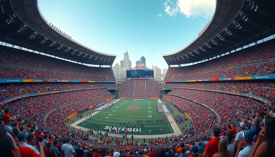 Packed football stadium during a game with city skyline background.