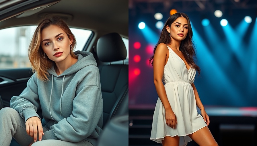 Casual woman in car and confident woman on stage.