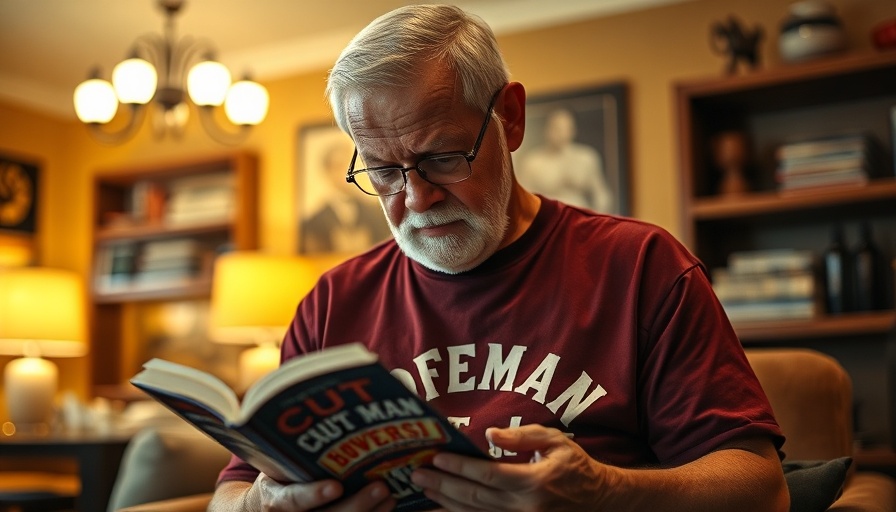 Older man in George Foreman Boxing shirt with 'Cut Man' book.