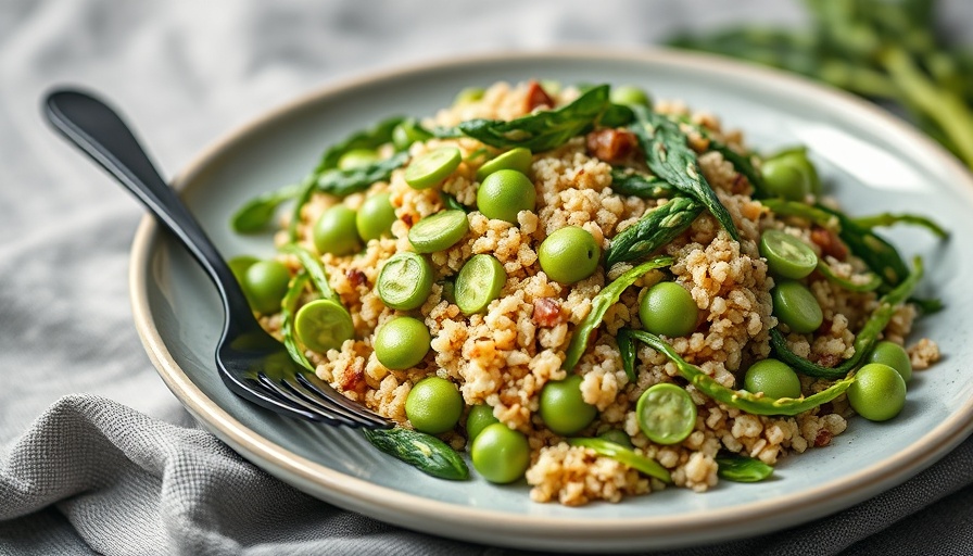 Snap Pea Asparagus Quinoa Salad on a gray plate with fork, bright greens.