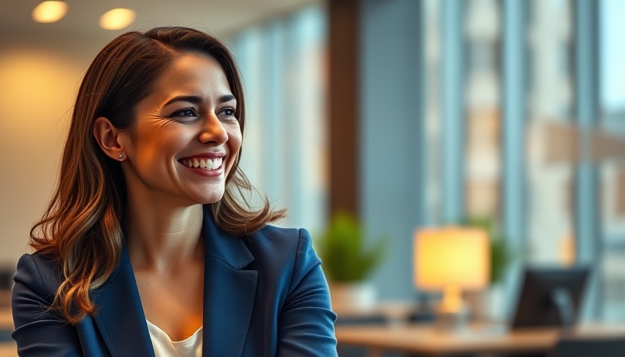 Smiling woman in a blue blazer engaged in conversation, office setting.