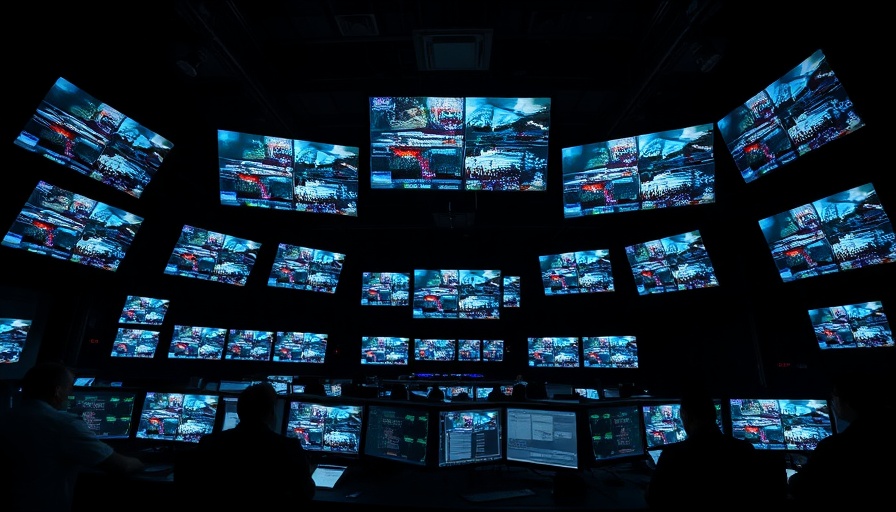 Dimly lit control room in a modern newsroom with multiple screens.