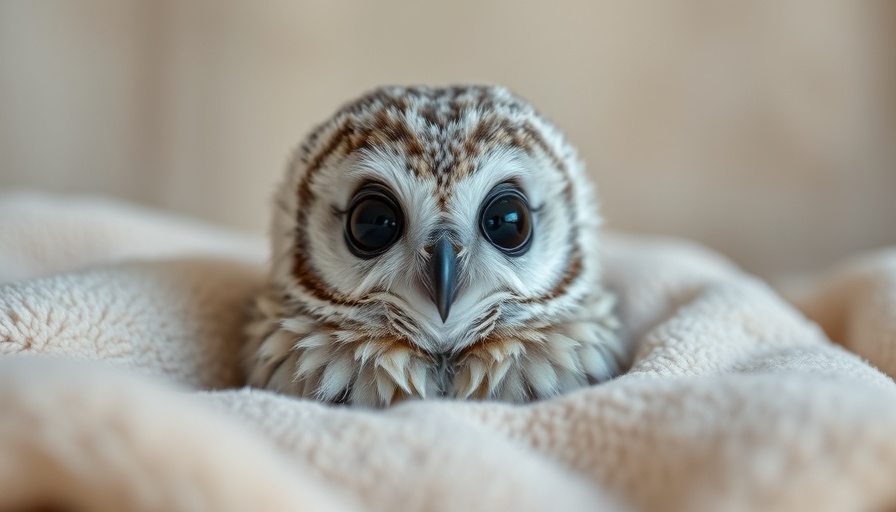 Fluffy baby owl resting in shelter, photorealistic close-up.
