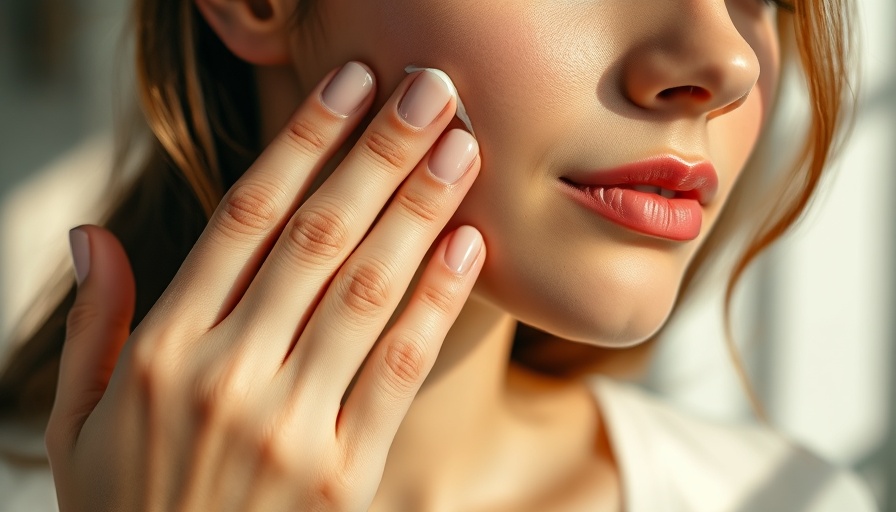 Young woman's hand applying facial cream, warm lighting.