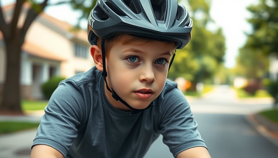 Young bicyclist in safety gear riding in a suburban area.