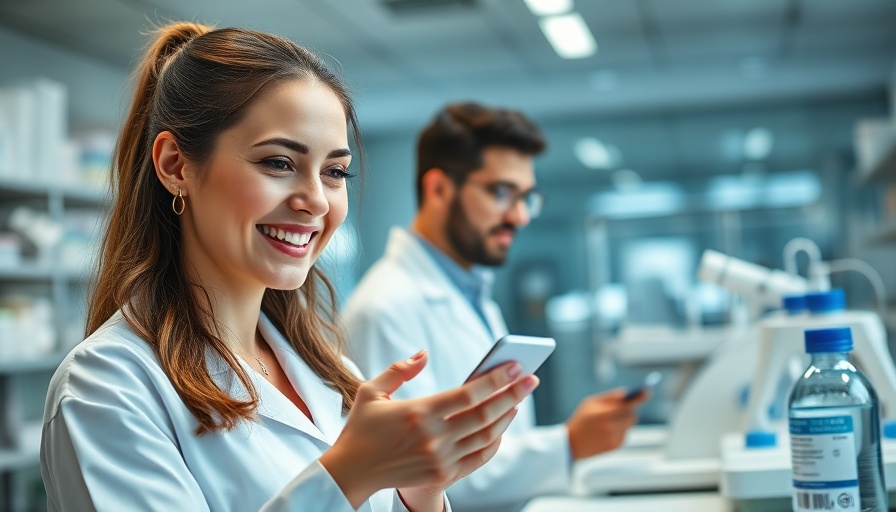 Female pharmacist using tablet in modern lab, future of pharmacy benefits.