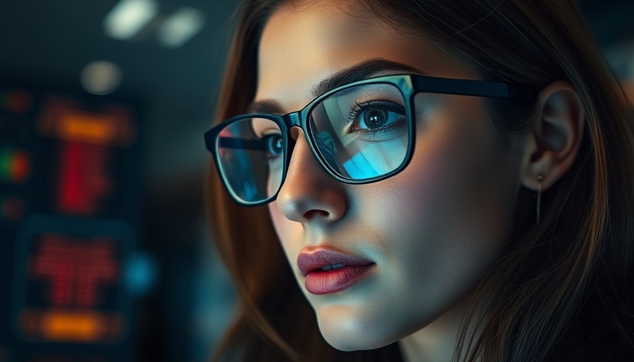 Woman analyzing data with code reflections, health and wellness compliance concept.