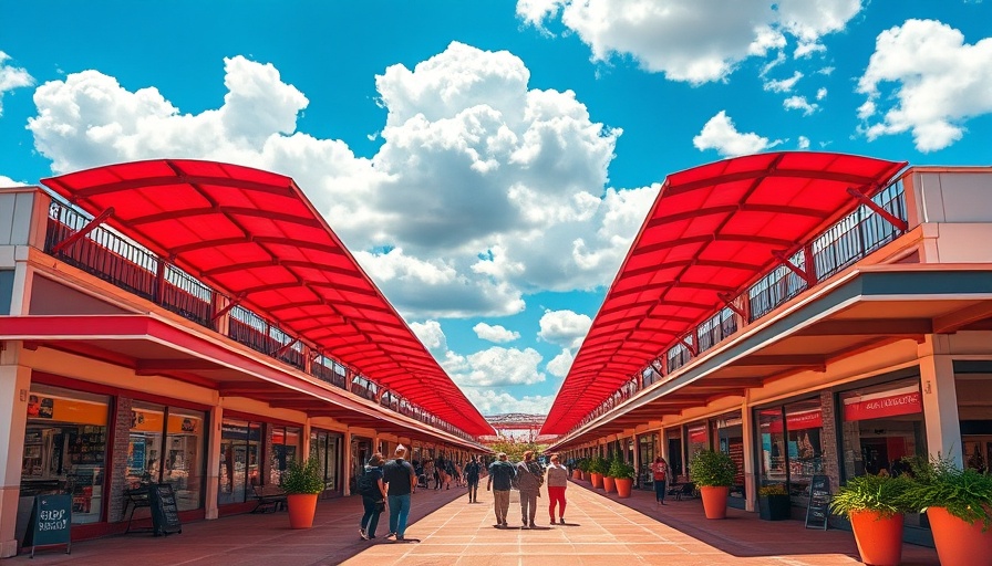 Vibrant Houston businesses in outdoor shopping area with red canopies.