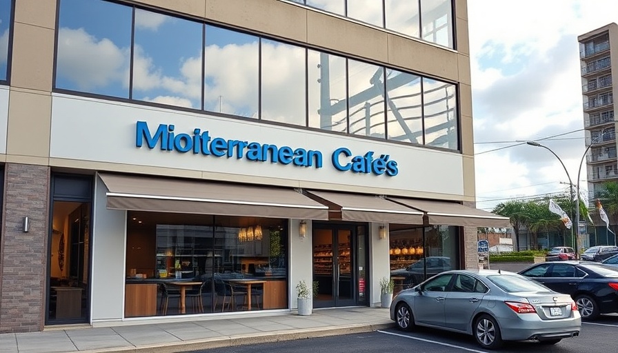 San Antonio Greek food chain expansion: Modern cafe storefront with cars in parking.