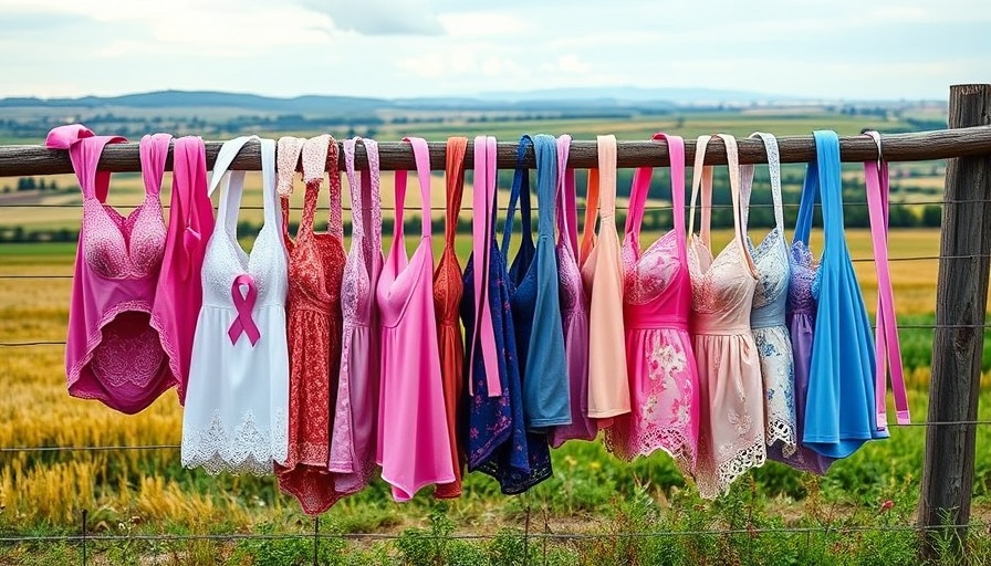 Colorful bras on a fence symbolizing breast cancer awareness in rural setting.