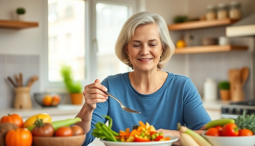 Midlife woman enjoying healthy meal in bright kitchen