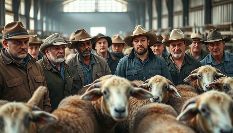 Men in a barn with sheep, symbolizing farming community