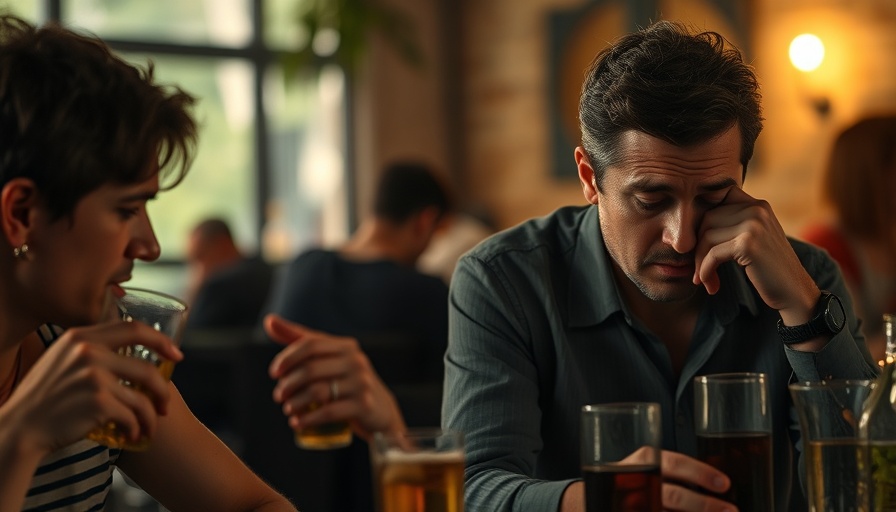 Mixed emotional hangover scene with alcohol bottle.