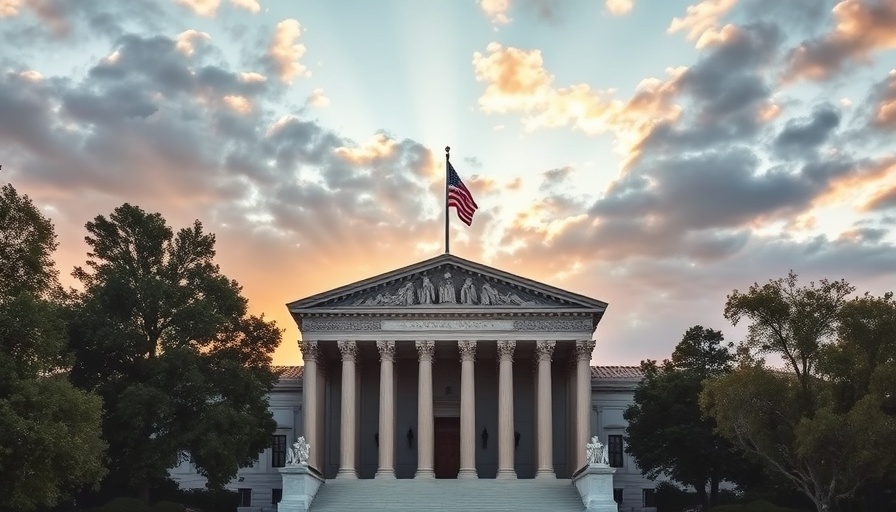 Sunset view of the Supreme Court building with American flag.