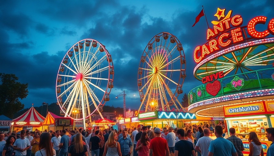 Vibrant scene at RodeoHouston with rides and crowds.