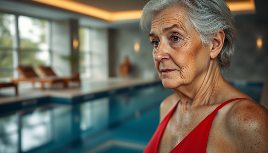 Difference between freckles, sunspots and moles on elderly woman's back by pool.