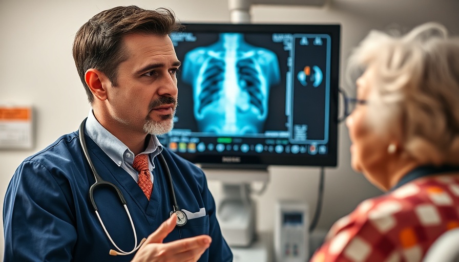 Doctor explains lung X-ray to senior, highlighting stem cells impact on COPD.