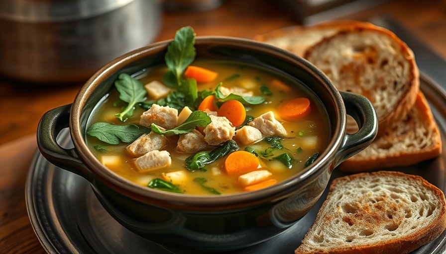 Delicious turkey and collard green soup with bread.