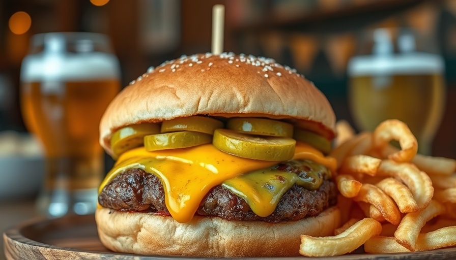Delicious cheeseburger and chips with beer, casual dining; Houston nightlife.