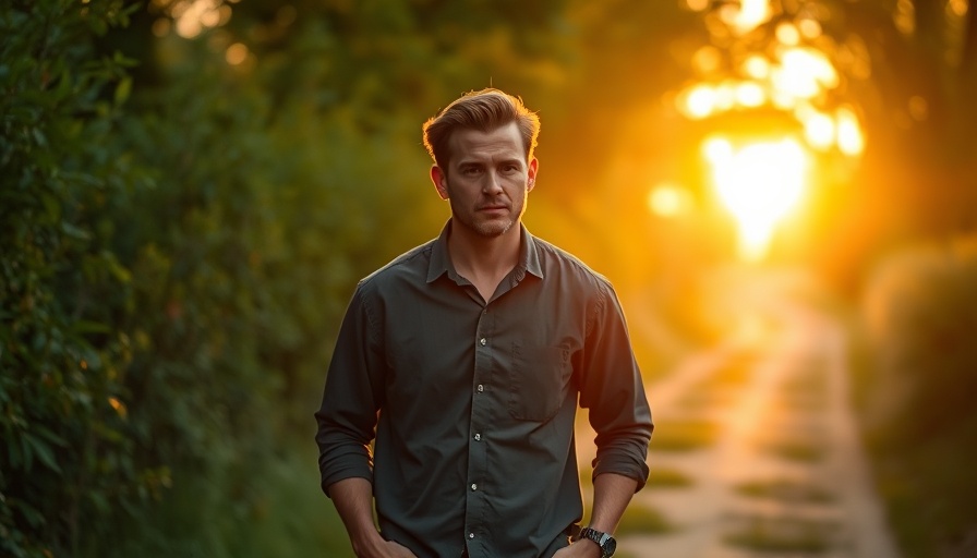 Man walking reflectively on a sunset path, symbolizing healing from trauma.