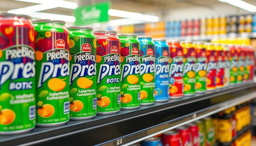 Display of colorful prebiotic sodas on a grocery shelf.