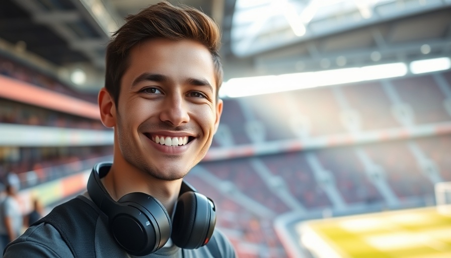 Confident young man in a stadium, smiling with headphones.