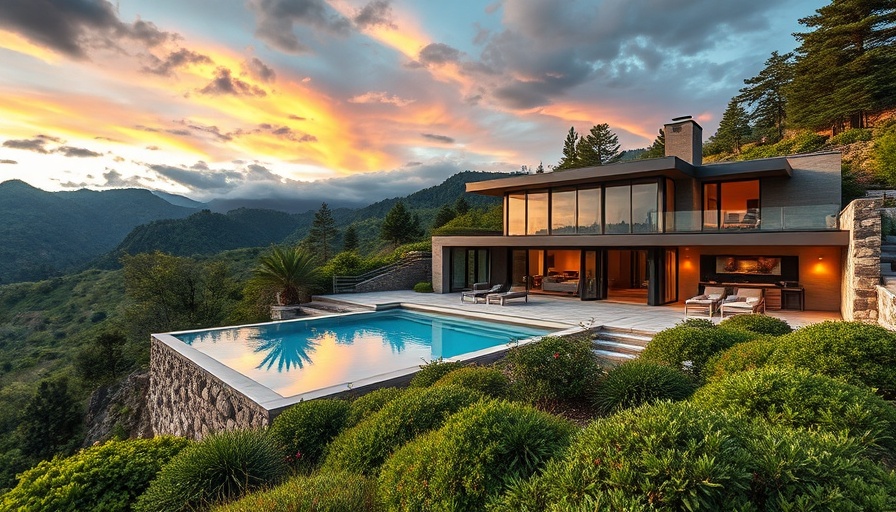 Luxurious vacation rental with pool in scenic hillside.