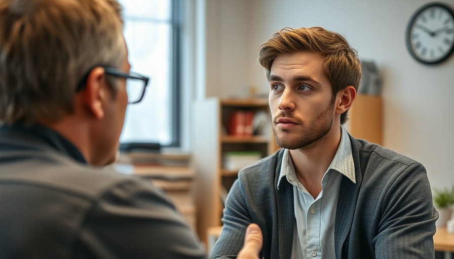 Male counselor discussing issues with young man to prevent violence against women.