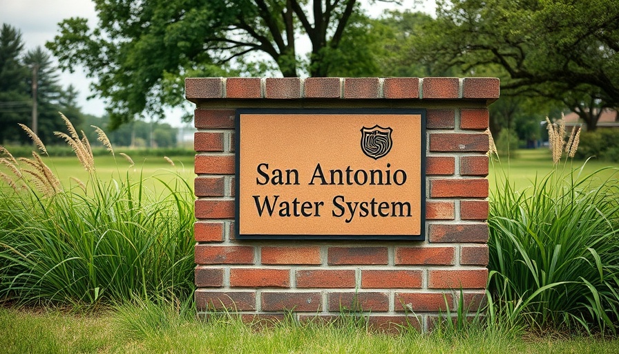 San Antonio Water System sign on brick wall, symbolizing water management.