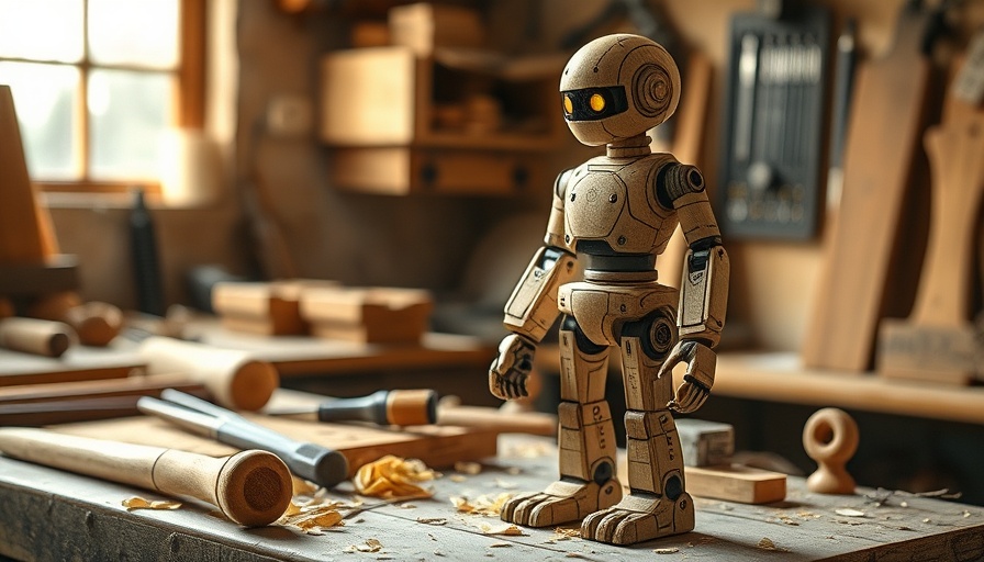 Handcrafted wooden electronics-free robot in a workshop setting.