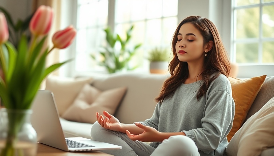 Woman meditating by laptop for tips on health and wellness.