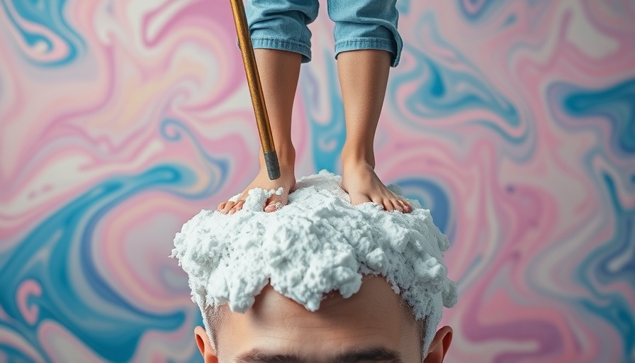 Surreal scalp detox collage with person mopping foamy scalp.