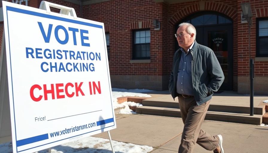 Senior man passing voter registration sign in winter setting.