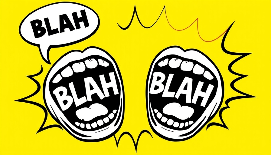 Pop art graphic of two mouths shouting 'Blah Blah', vibrant colors, communication.