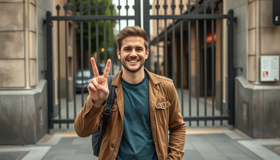 Man smiling and posing near a gate in urban Houston