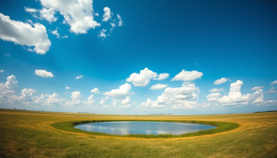 Expansive landscape near San Antonio with pond and blue sky.