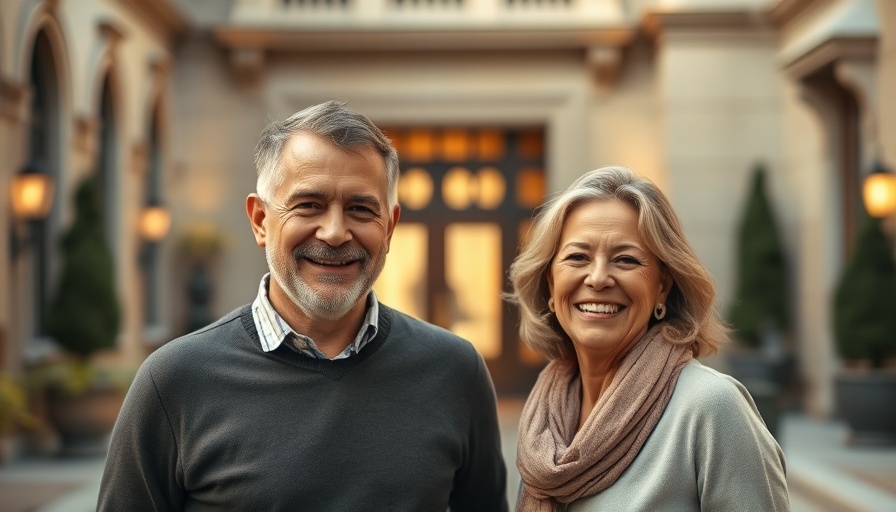 Houston business news event with smiling couple in courtyard.