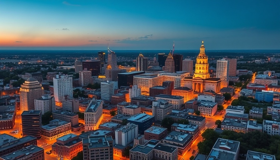 Aerial view of San Antonio skyline and buildings at dusk.
