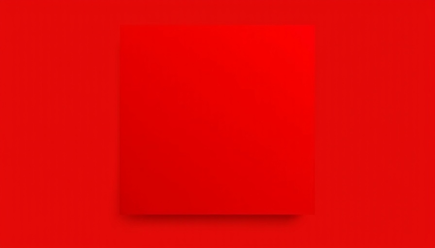 Solid red background for minimal design.