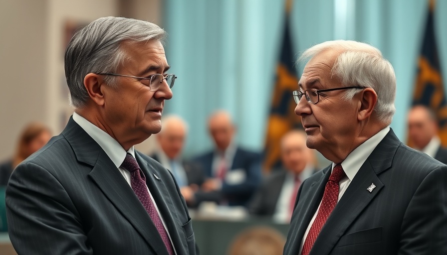 Elderly men discussing in formal setting, Signal chat leak investigation.