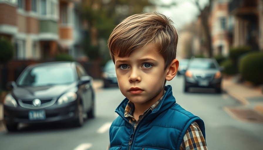 Young boy on street reflecting air pollution and mental health effects.