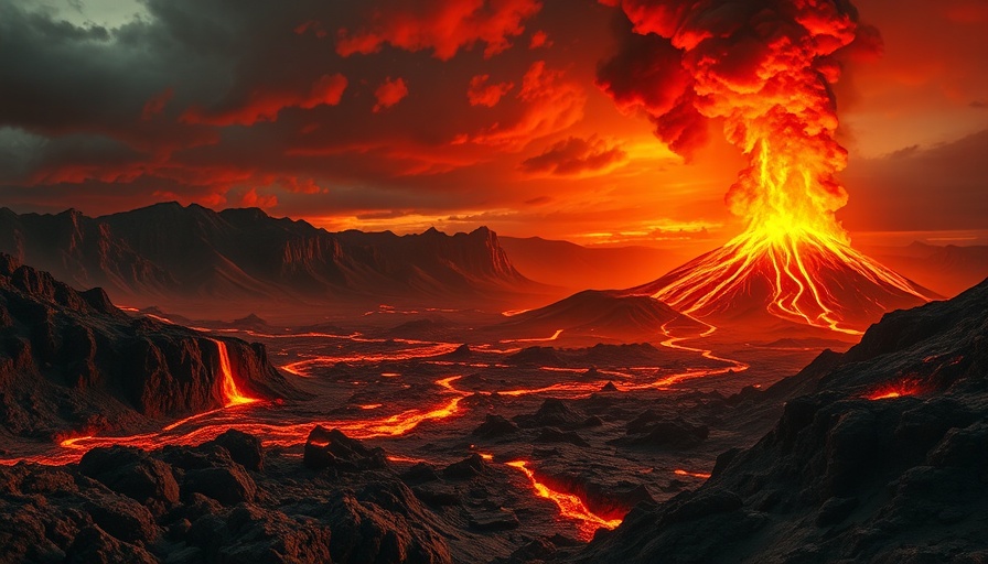 Early Earth's volcanic landscape with lava flows and fiery sky.