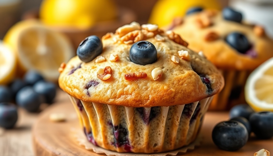 Grain-free lemon blueberry muffin on a wooden board.